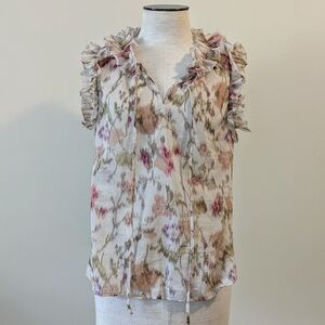 Rebecca Taylor Picot Floral Print Ruffle Blouse Sleeveless V-Neck Multi M EUC